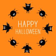 Cute bat and spider round frame Happy Halloween card Orange