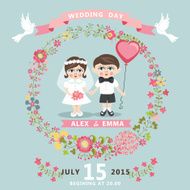Wedding invitation with baby Bride groom floral wreath