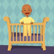 Laughing Baby in Crib Retro Style Cartoon
