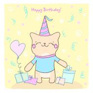 Birtday card with cute kitty and gifts