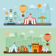 Circus in city flat banners set