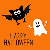 Cute cartoon bat and ghost Happy Halloween card Flat design