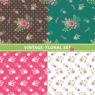 Seamless pattern set Flowers branches berries in retro style N4