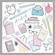 School supplies elements on lined sketchbook paper background