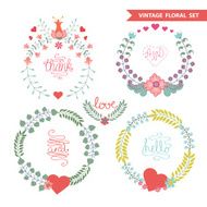 Cute vintage vector floral wreath set with hearts N2