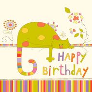 Baby happy birthday card with cat and flowers