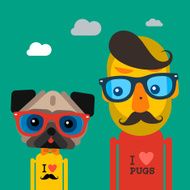 Cute fashion Hipster man and pug dog pet