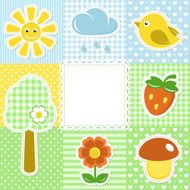 Summer frame with flower strawberry sun and bird