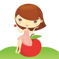 Cute girl in pink dress and holding an apple