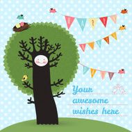 cute happy birthday card with tree and birds vector illustratio N2