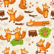 Cartoon seamless pattern with cute foxes Vector illustration N2