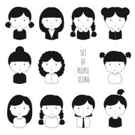 Set of monochrome female faces icons Cartoon hand drawn faces