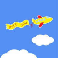 Cartoon plane Ribbon with words Miss you Card