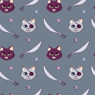 Seamless pattern with cats sabers and diamonds N3