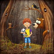 Little boy with the animals in wood