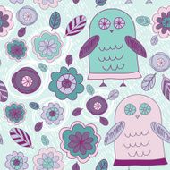 Funny hand drawn owls leaves and flowers Purple pink mint