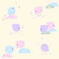 Seamless Pattern with Eating Singing and Dreaming Birds