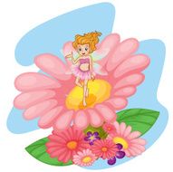 Pixie above a big pink flower