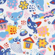 Seamless pattern with cats and fishes