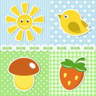 Summer icons of flower strawberry sun and bird on textile