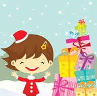 Christmas girl with gift and snowing