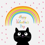 Rainbow and pink heart rain cat Flat design Valentines day