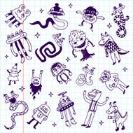 Crazy doodle monsters School notebook Vector illustration