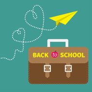 Schoolbag briefcase and yellow paperplane dash line hearts Flat design