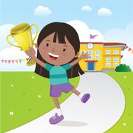 Cheerful girl holding gold trophy