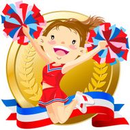 Cheerleader jumping in front of golden medal N2