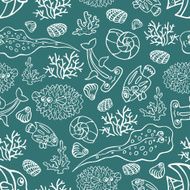 Outline Doodle seamless pattern Funny Sea Life and Fish