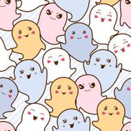 Seamless kawaii cartoon pattern with cute ghosts N2