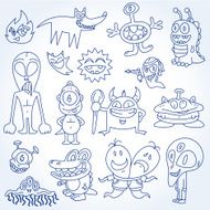 Doodles Aliens &amp; Monsters Vector Illustration Drawing Set