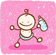 happy baby boy&#039;s first steps walking with mother milk cartoon