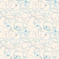Cute doodle Blue Whales Marine seamless background N3