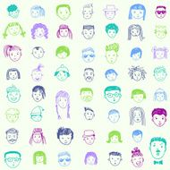 Seamless pattern with 53 different funny faces Cartoon vector set N2