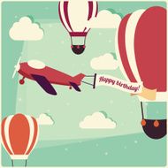 Birthday background hot air balloons and an airplane