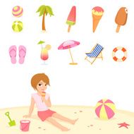 set of cute summer beach illustrations