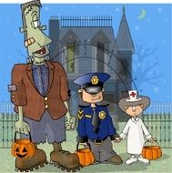 Frankenstein &amp; two small children on Halloween