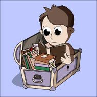 Vector cartoon reading boy sitting in chest full of books