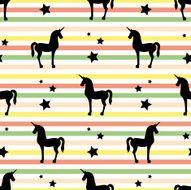 Cartoon unicorn and stars silhouette seamless pattern on striped background