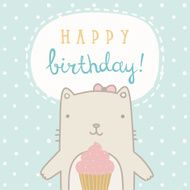 Happy birthday greeting card with cute cat and cupcake