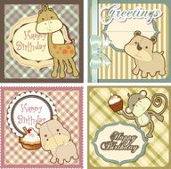 Birthday card set with cute baby animals in retro style