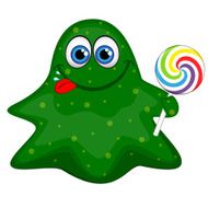Funny friendly green monster with lollipop