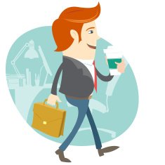 Hipster office man walking and holding coffee brief case N2