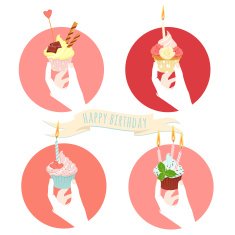 Vector illustration Hands holding festive birthday cakes set
