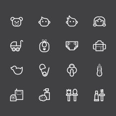 baby stuff element vector white icon set1 on black background