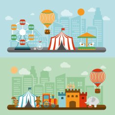 Circus in city flat banners set