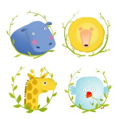 African Animals Fun Cartoon Portraits with Wreath