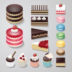 Cakes flat design dessert bakery vector set illustration